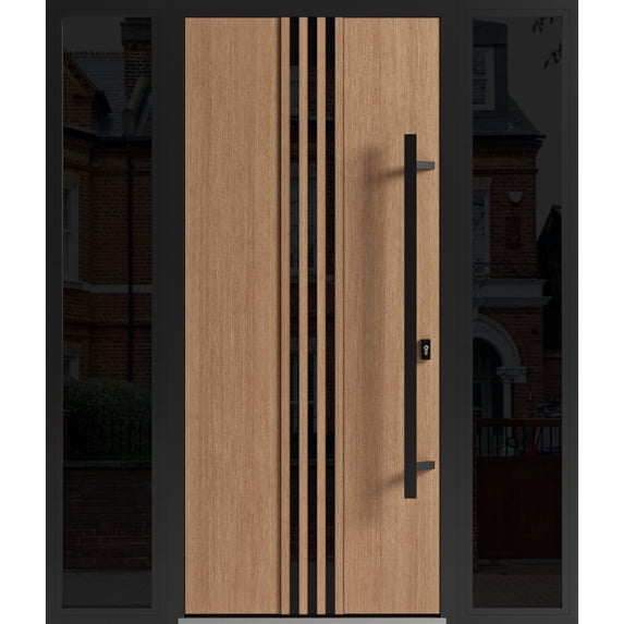 Front Exterior Prehung Steel Door / Ronex 1055 Teak / 2 Side Exterior Windows Sidelites/ Entry Metal Modern Painted W16+36+16" x H80" Left hand Inswing