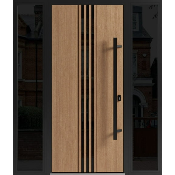 Front Exterior Prehung Steel Door / Ronex 1055 Teak / 2 Side Exterior Windows Sidelites/ Entry Metal Modern Painted W16+36+16" x H80" Left hand Inswing