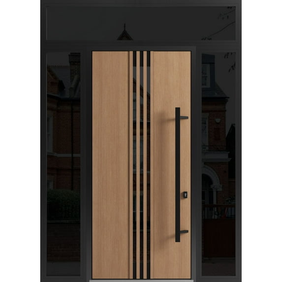 Front Exterior Prehung Steel Door / Ronex 1055 Teak / 2 Side and Top Exterior Window Sidelite / Entry Metal Modern Painted W14+36+14x96+16 Left-hand