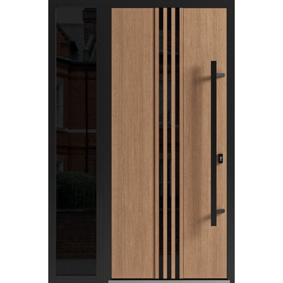 Front Exterior Prehung Steel Door / Ronex 1055 Teak / Side Exterior Window Sidelite / Entry Metal Modern Painted W36+14" x H80" Left hand Inswing