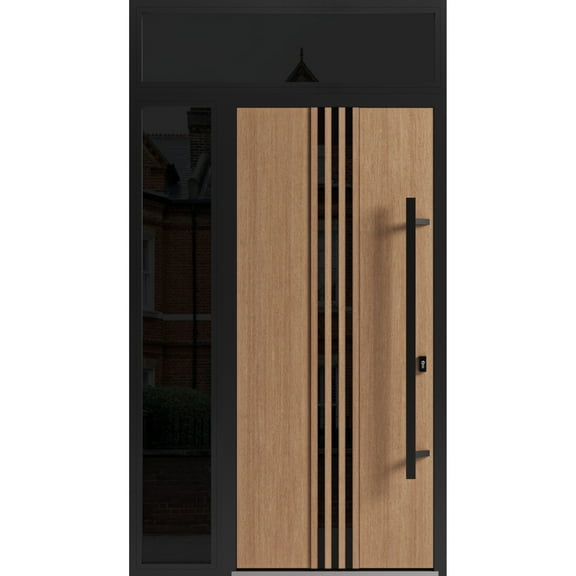 Front Exterior Prehung Steel Door / Ronex 1055 Teak / Side and Top Exterior Window Sidelite / Entry Metal Modern Painted W36+16" x H80+16" Left hand Inswing