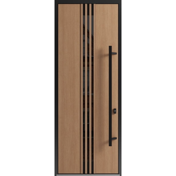 Front Exterior Prehung Steel Door / Ronex 1055 Teak / Top Exterior Window Sidelite / Entry Metal Modern Painted W36x96+16 Left-hand