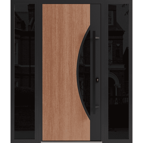 Front Exterior Prehung Steel Door / Ronex 1077 Teak / 2 Side Exterior Windows Sidelites/ Entry Metal Modern Painted W16+36+16" x H80" Left hand Inswing