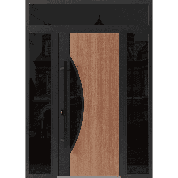 Front Exterior Prehung Steel Door / Ronex 1077 Teak / 2 Side and Top Exterior Window Sidelite / Entry Metal Modern Painted W14 36 14" x H80 16" Right hand Inswing
