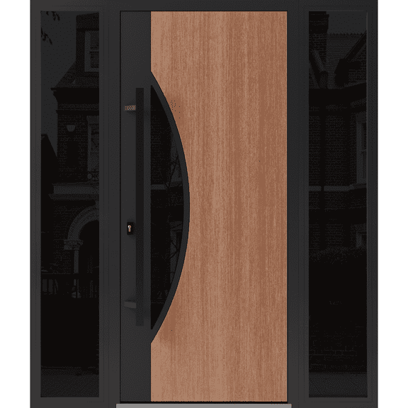 Front Exterior Prehung Steel Door / Ronex 1077 Teak / 2 Side Exterior Windows Sidelites/ Entry Metal Modern Painted W14+36+14" x H80" Right hand Inswing