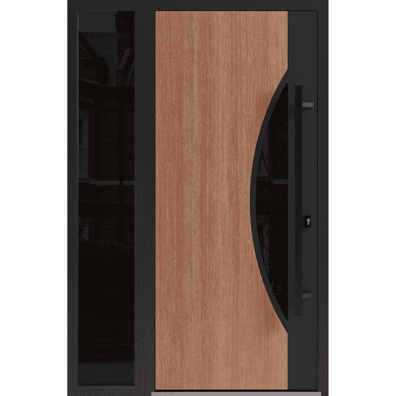 Front Exterior Prehung Steel Door / Ronex 1077 Teak / Side Exterior Window Sidelite / Entry Metal Modern Painted W36+12" x H80" Left hand Inswing