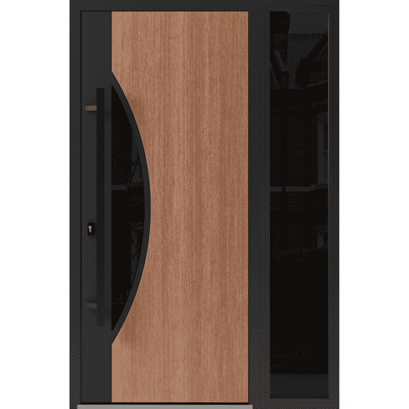 Front Exterior Prehung Steel Door / Ronex 1077 Teak / Side Exterior Window Sidelite / Entry Metal Modern Painted W36+14" x H80" Right hand Inswing