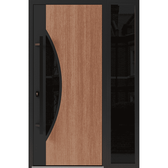 Front Exterior Prehung Steel Door / Ronex 1077 Teak / Side Exterior Window Sidelite / Entry Metal Modern Painted W36+16" x H80" Right hand Inswing