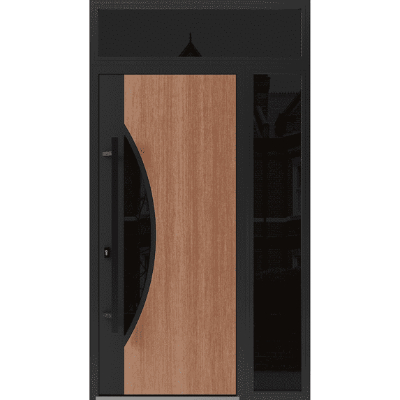 Front Exterior Prehung Steel Door / Ronex 1077 Teak / Side and Top Exterior Window Sidelite / Entry Metal Modern Painted W36+12" x H80+16" Right hand Inswing