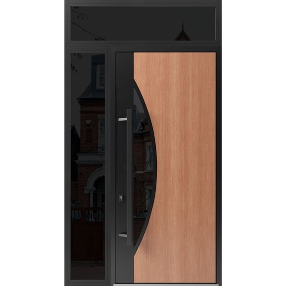 Front Exterior Prehung Steel Door / Ronex 1077 Teak / Side and Top Exterior Window Sidelite / Entry Metal Modern Painted W36+12x96+16 Right-hand