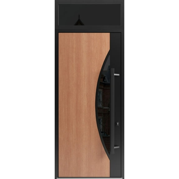 Front Exterior Prehung Steel Door / Ronex 1077 Teak / Top Exterior Window Sidelite / Entry Metal Modern Painted W36x96+16 Left-hand