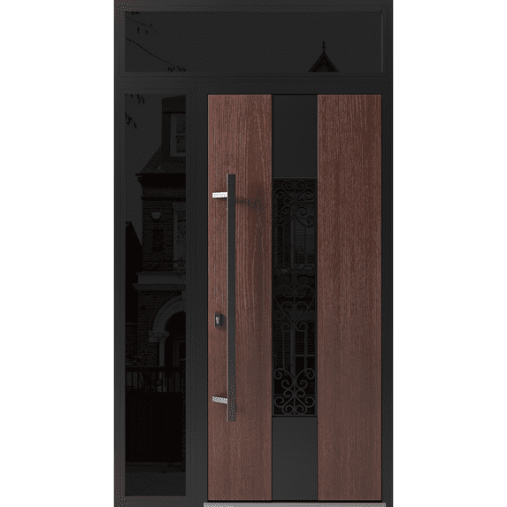 Front Exterior Prehung Steel Door / Ronex 1205 Bronze Oak / Side and Top Exterior Window Sidelite / Entry Metal Modern Painted W36+14x80+16 Right-hand