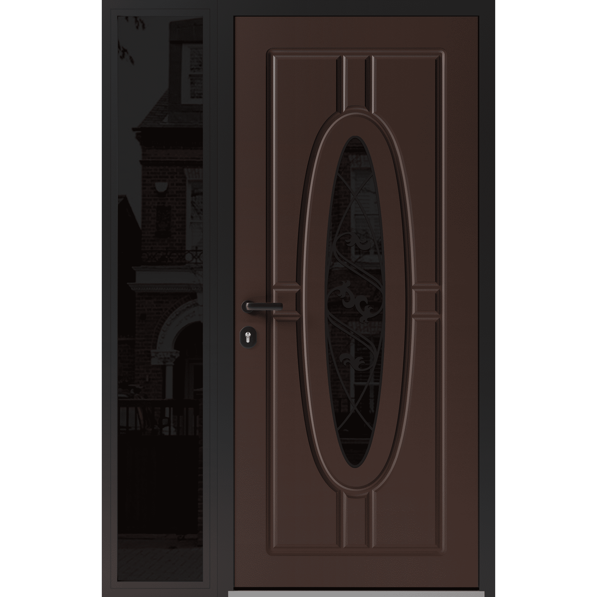 Front Exterior Prehung Steel Door / Ronex 1277 Brown / Side Exterior Window Sidelite / Entry Metal Modern Painted W36+12x80 Right-hand