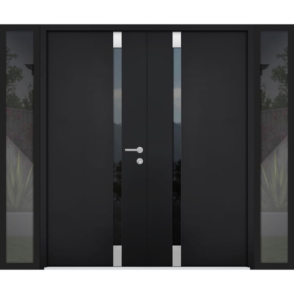 Front Exterior Prehung Steel Double Doors / Cynex 6777 Black / 2 Side Exterior Windows / Stainless Inserts Single Modern Painted-W12+72+12" x H80"-Right-hand Inswing