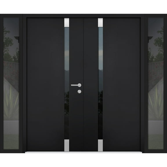 Front Exterior Prehung Steel Double Doors / Cynex 6777 Black / 2 Side Exterior Windows / Stainless Inserts Single Modern Painted-W16+72+16" x H80"-Left-hand Outswing