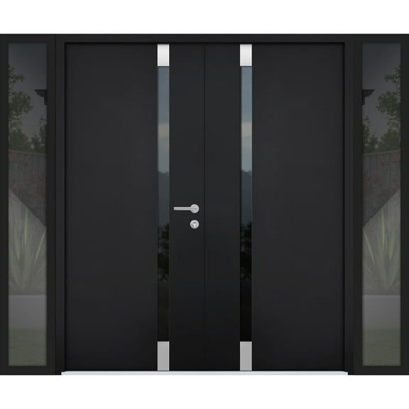 Front Exterior Prehung Steel Double Doors / Cynex 6777 Black / 2 Side Exterior Windows / Stainless Inserts Single Modern Painted-W16+72+16" x H80"-Right-hand Outswing