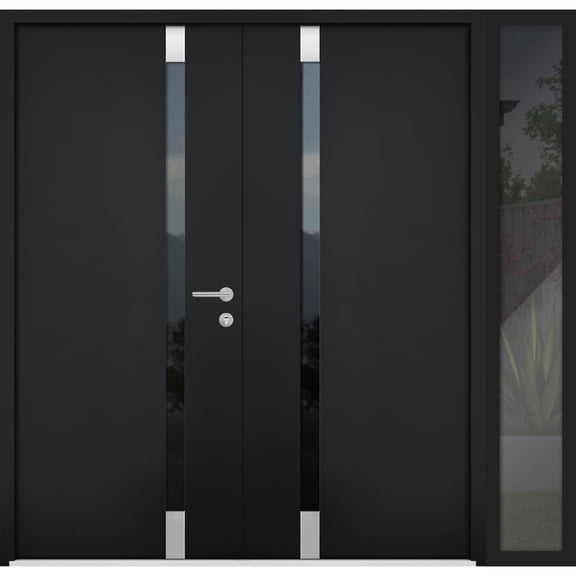 Front Exterior Prehung Steel Double Doors / Cynex 6777 Black / Side Exterior Window / Stainless Inserts Single Modern Painted-W72+16" x H80"-Right-hand Inswing