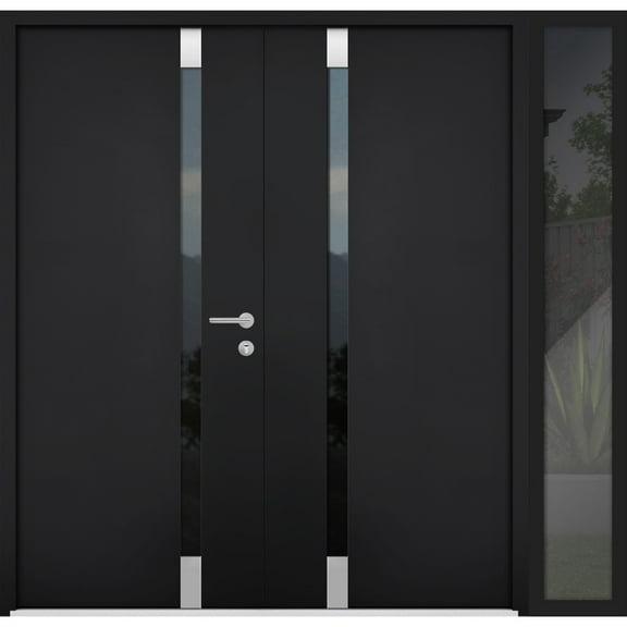 Front Exterior Prehung Steel Double Doors / Cynex 6777 Black / Side Exterior Window / Stainless Inserts Single Modern Painted-W72 16" x H80"-Right-hand Outswing