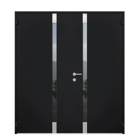 Front Exterior Prehung Steel Double Doors / Cynex 6777 Black / Stainless Inserts Single Modern Painted-W72" x H80"-Right-hand Outswing