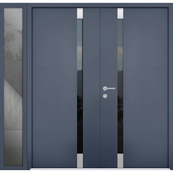 Front Exterior Prehung Steel Double Doors / Cynex 6777 Grey / Side Exterior Window / Stainless Inserts Single Modern Painted-W72+14" x H80"-Left-hand Inswing