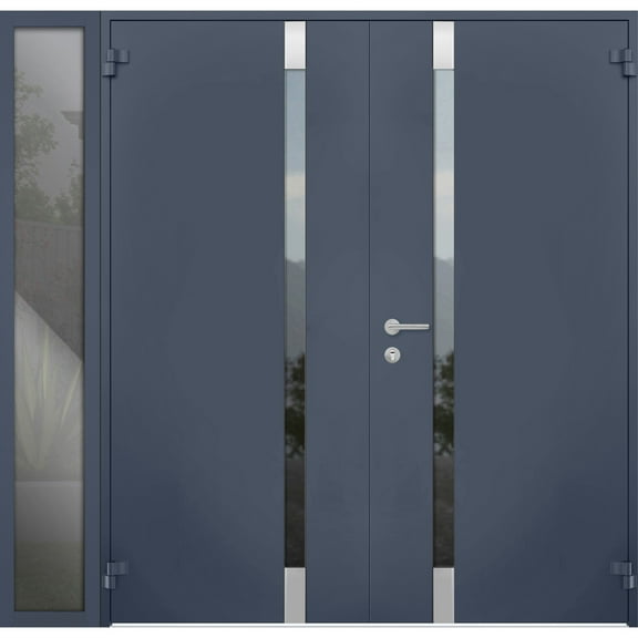 Front Exterior Prehung Steel Double Doors / Cynex 6777 Grey / Side Exterior Window / Stainless Inserts Single Modern Painted-W72+14" x H80"-Right-hand Outswing