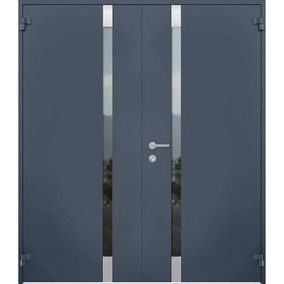 Front Exterior Prehung Steel Double Doors / Cynex 6777 Grey / Stainless Inserts Single Modern Painted-W72" x H80"-Left-hand Outswing