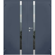 Front Exterior Prehung Steel Double Doors / Cynex 6777 Grey / Stainless Inserts Single Modern Painted-W72" x H80"-Right-hand Outswing
