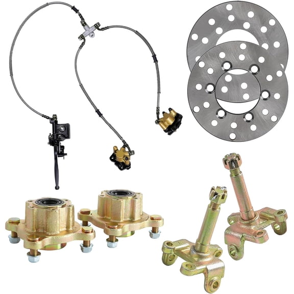 Front Go Kart Steering Knuckle Spindle & 4 Stud Wheel Rim Hub Brake Master Caliper with 110mm Disc Brake Rotor for 50cc 70cc 90cc 110cc 4 Wheeler Buggy ATV Quad Bike