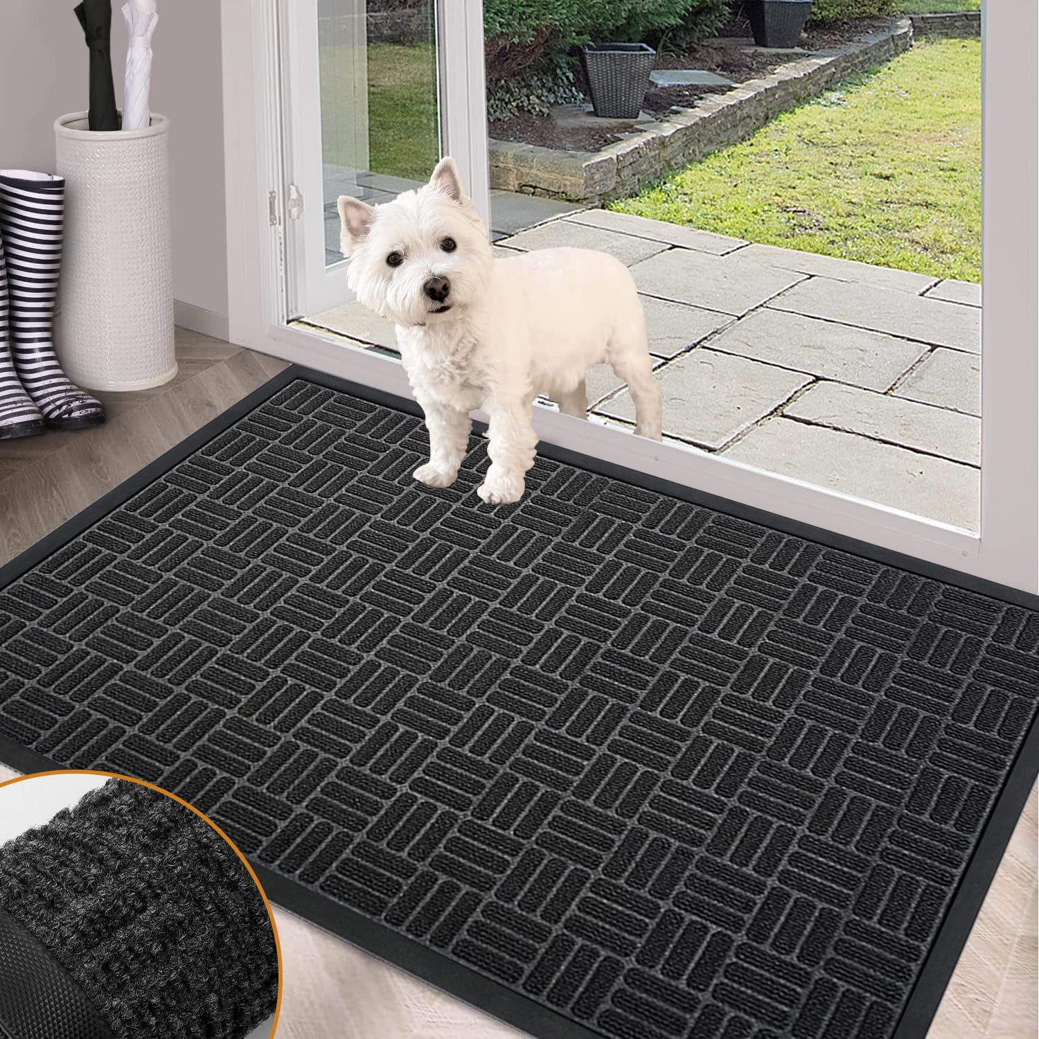 Durable Astari Door Mat Front Gray Suitable for Entryway, Patio, Busy