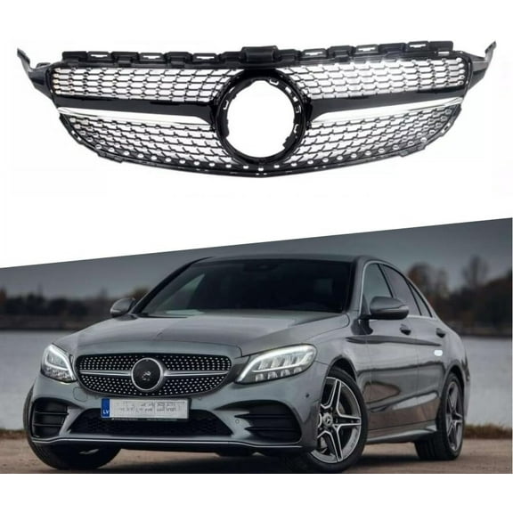 ONEPI Front Grill Diamond Grill Compatible with Mercedes Benz C-Class W205 C250 C300 C400 2019 2020 2021 Models, NOT FIT AMG Models, No Emblem