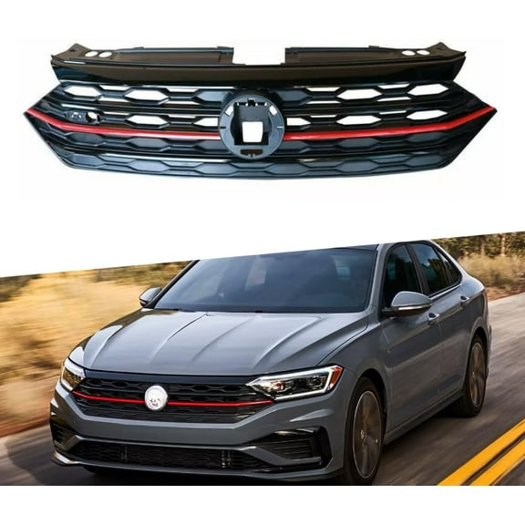 Front Grill GLI Style Compatible with VW Volkswagen Jetta Comfortline/Execline/GLI/Highline/R-Line/SEL/SE/S/Trendline 2019 2020 2021 Models, Black W/Red Trim, No Emblem
