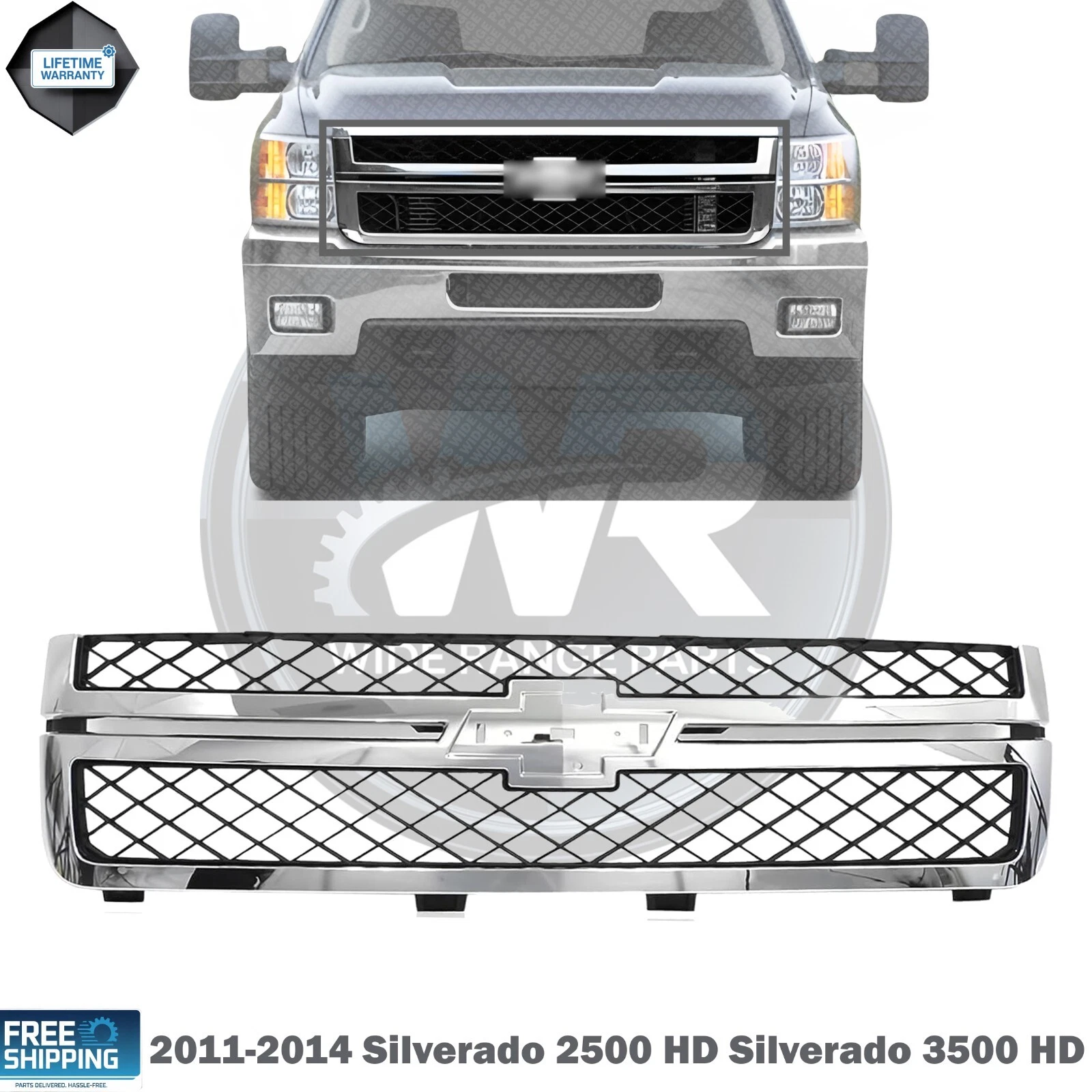 Black Mesh Front Grille For 2011-2014 Chevy Silverado 2500 3500 HD & GMC Sierra – Chrome Bezel