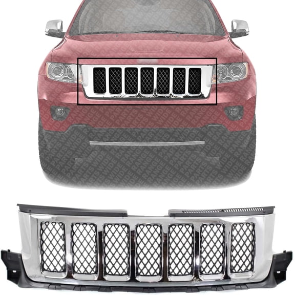 Front Grille Chrome Shell With Painted Black Insert Direct Replacement Compatible With 2011-2013 Jeep Grand Cherokee CH1200363 57010708AE