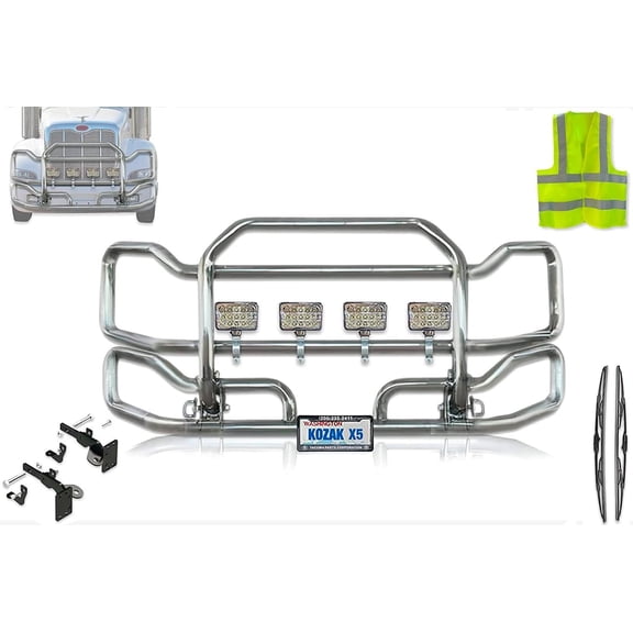 Front Grille Deer Moose Brush Bumper Guard Large w/4x 6" LED Lights w/Brackets Compatible with Peterbilt 386