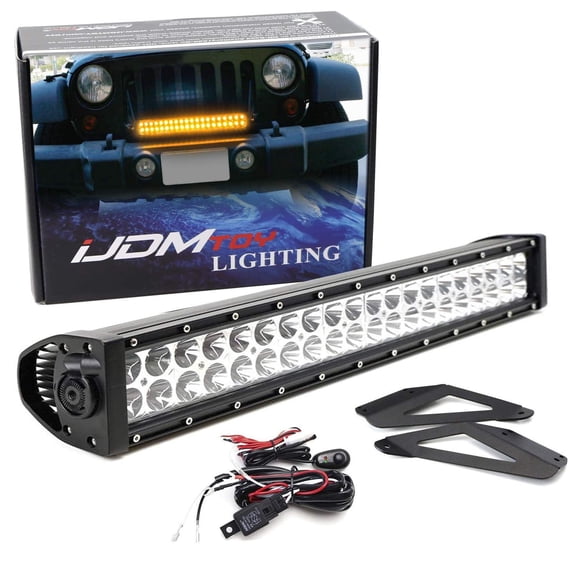 Front Grille Mount 20-Inch Dual Color LED Light Bar For Jeep 2007-17 Wrangler JK, Includes (1) 120W White/Amber LED Lightbar, Grill Front Mount Brackets & On/Off Switch Wiring Kit