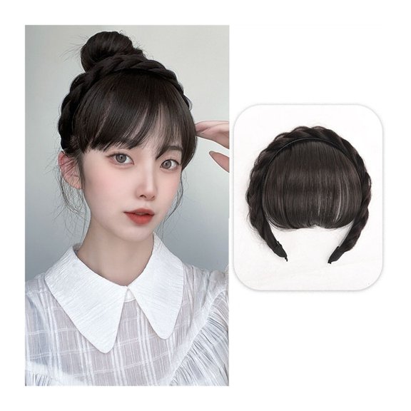 Front Hair Bangs Wig Fringe Hair Extensions Synthetic Fake Neat Bangs Wigs with Double Row Braids Headband Hair Accessories for Women Girls