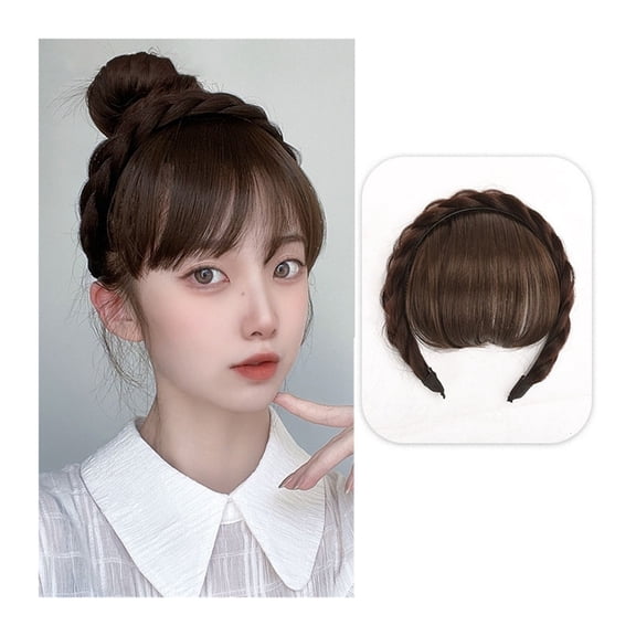 Front Hair Bangs Wig Fringe Hair Extensions Synthetic Fake Neat Bangs Wigs with Double Row Braids Headband Hair Accessories for Women Girls