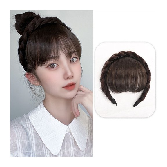 Front Hair Bangs Wig Fringe Hair Extensions Synthetic Fake Neat Bangs Wigs with Double Row Braids Headband Hair Accessories for Women Girls
