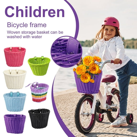 Front Handlebar Bike Basket for Kids 12-16" Bikes, Durable Faux Wicker Plastic Waterproof Bicycle Storage, Easy Install 8.3x6.3x6.3in
