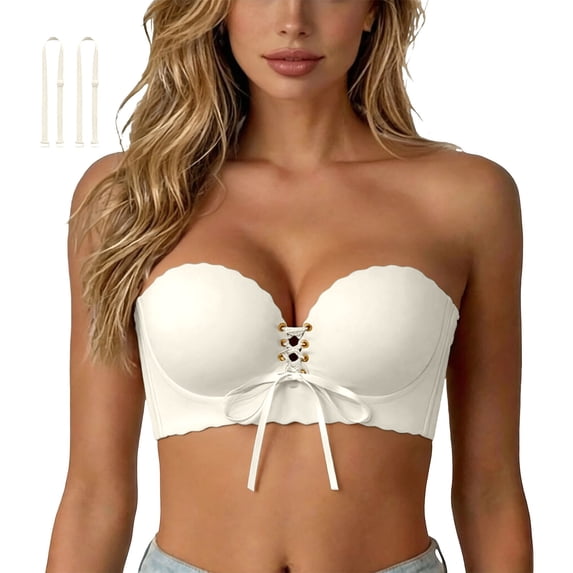 Front Lace Up Scalloped Edge Bra for Women 6cm Thick Push Up Soft Support Non Slip Convertible Straps Daily Wedding Underwear