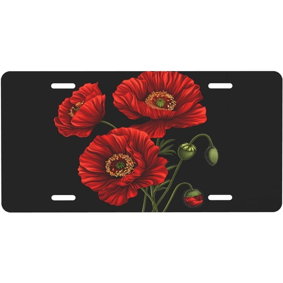 Front License Plate, Flowers Poppy with for & Back Licenses Style Novelty Vanity Tag, Aluminum Metal, 4-Hole, 6 x 12 Inch
