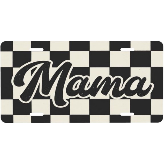 Front License Plate with Checkered Mom Design, Novelty Vanity Tag, Aluminum, 6 x 12 Inch