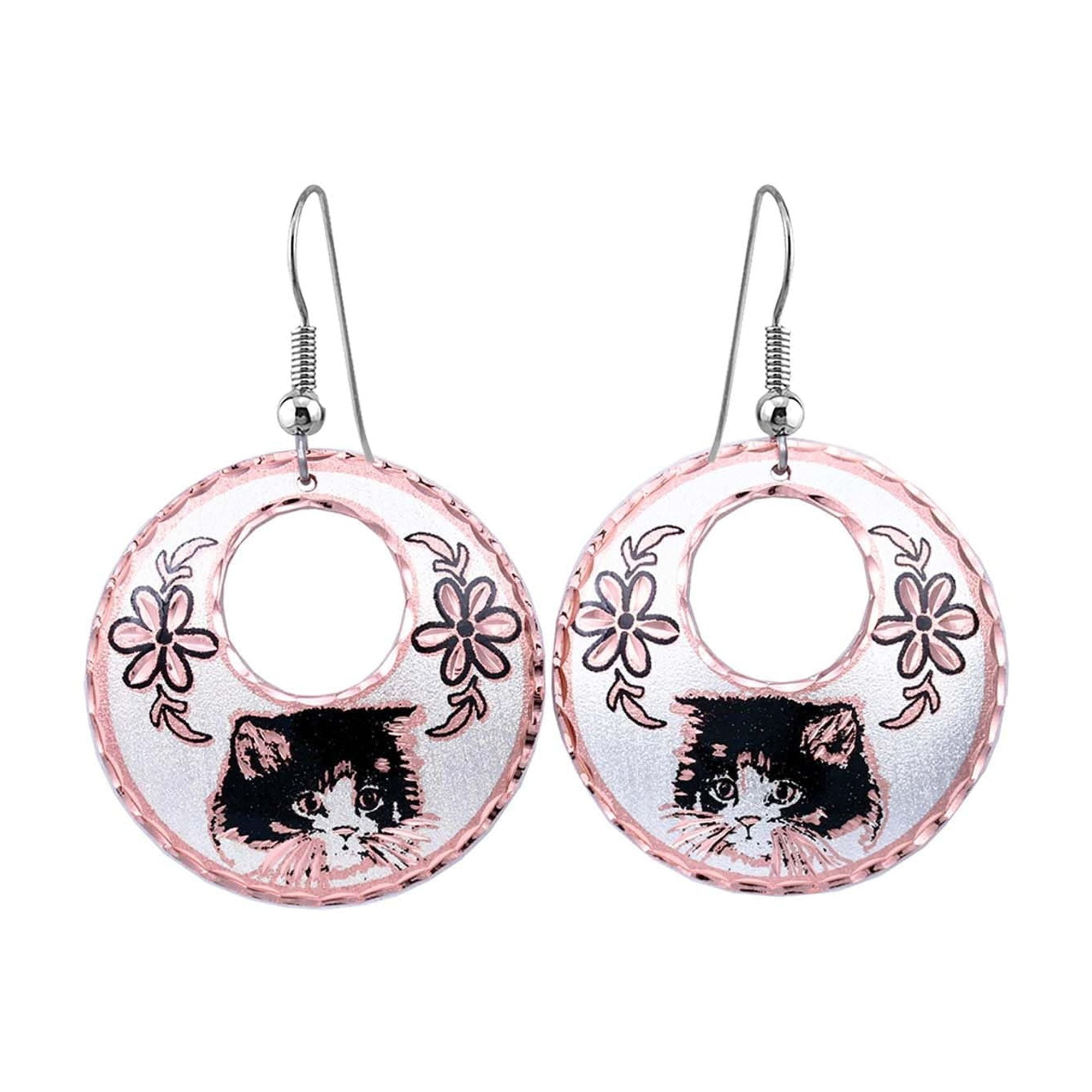 Front Line Jewelry Kitty Cat Earrings for Women, Handcrafted Copper Hoop Earrings with Metallic Backdrop, Cat Lover Jewelry Gift, Artisan Animal Earrings (CatHoop)