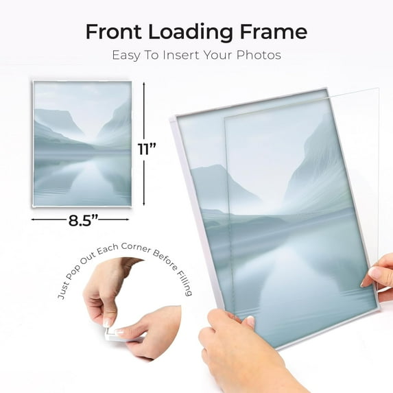 Front Loading White Picture Frame 8.5x11 Set of 6 - Table Desk Wall Hanging for Artwork Certificates Family Gallery