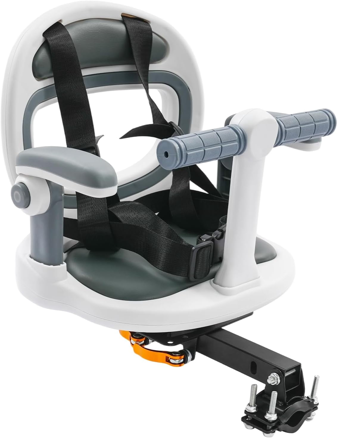 Front Mount Bike Seat 360 Rotatable Bicycle Seat for 9M-8Y 88lbs Capacity with Safety Belt & Foldable Footrest Easy Install on Most Mountain Bikes Light White