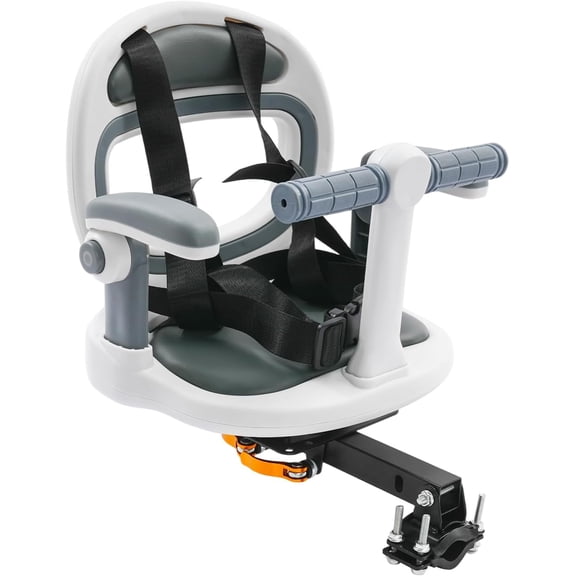 Front Mount Bike Seat 360 Rotatable Bicycle Seat for 9M-8Y 88lbs Capacity with Safety Belt & Foldable Footrest Easy Install on Most Mountain Bikes Light White