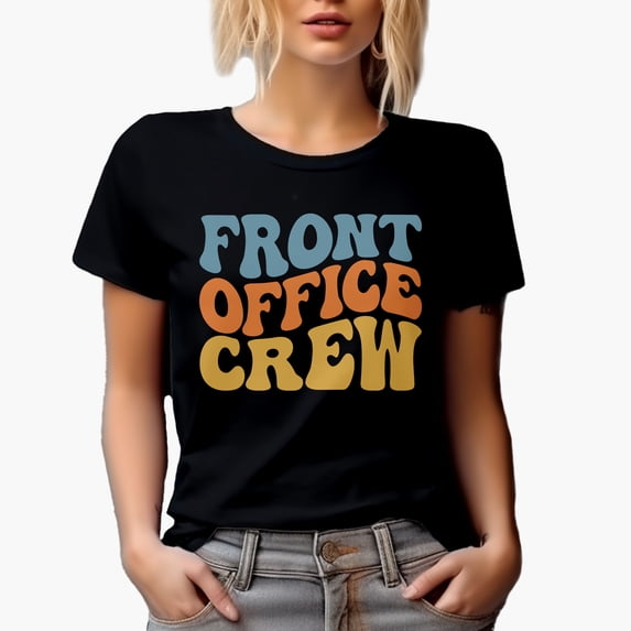 Front Office Crew, Company Employees Themed, Groovy Retro Wavy Text Merch Gift, Black T-Shirt, Medium