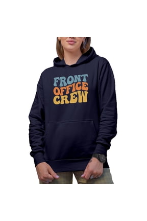 Front Office Crew, Company Employees Themed, Groovy Retro Wavy Text Merch Gift, Navy Blue Hooded Sweatshirt or Hoodie, 3XL