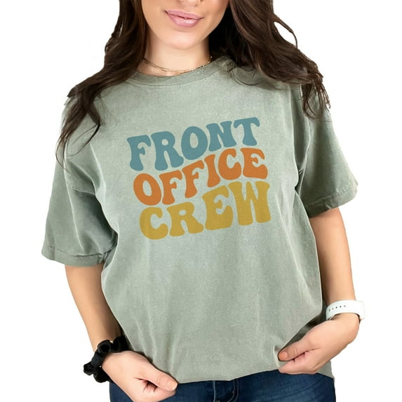 Front Office Crew, Company Employees Themed, Groovy Retro Wavy Text, Moss Comfort Colors T-Shirt, 2XL