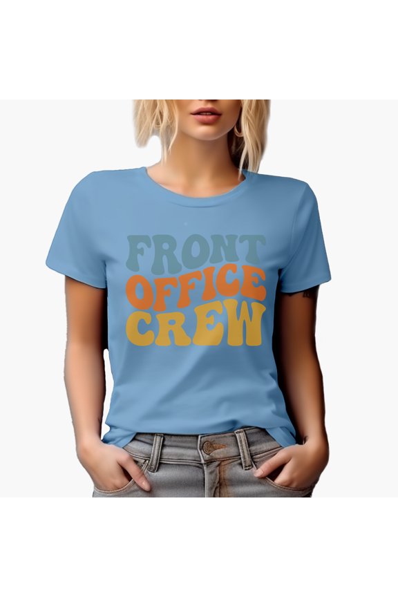 Front Office Crew, Groovy Retro Wavy Text Merch Gift, Baby Blue T-Shirt, Small